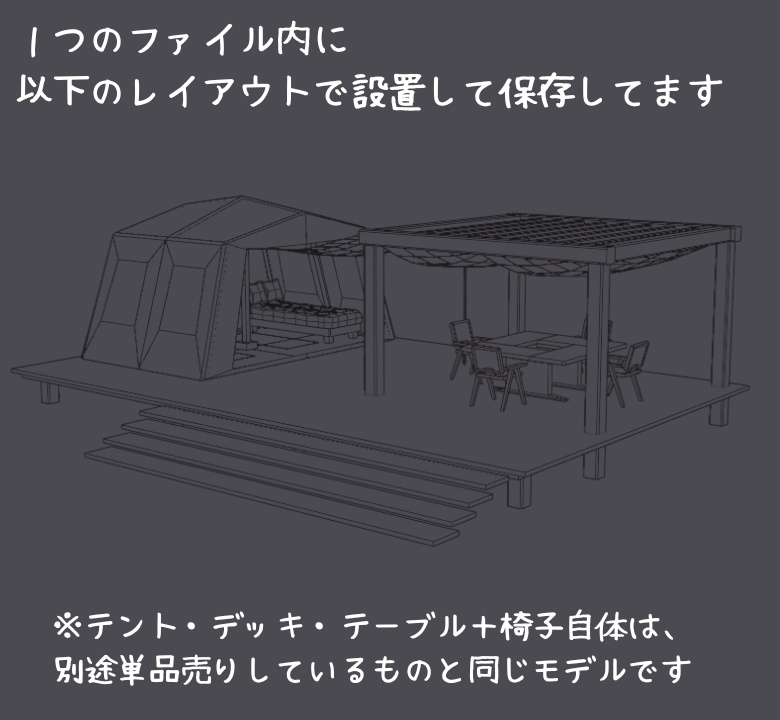 【もりのカフェ】グランピングセット(テント+ウッドデッキ+家具)3Dモデル