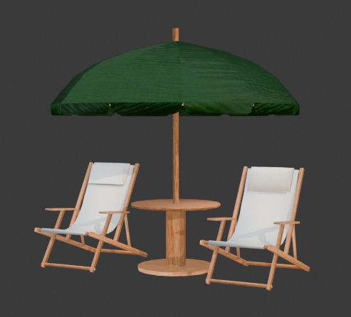 【もりのマリン】パラソル&リゾートチェアセット(4色展開)3Dモデル