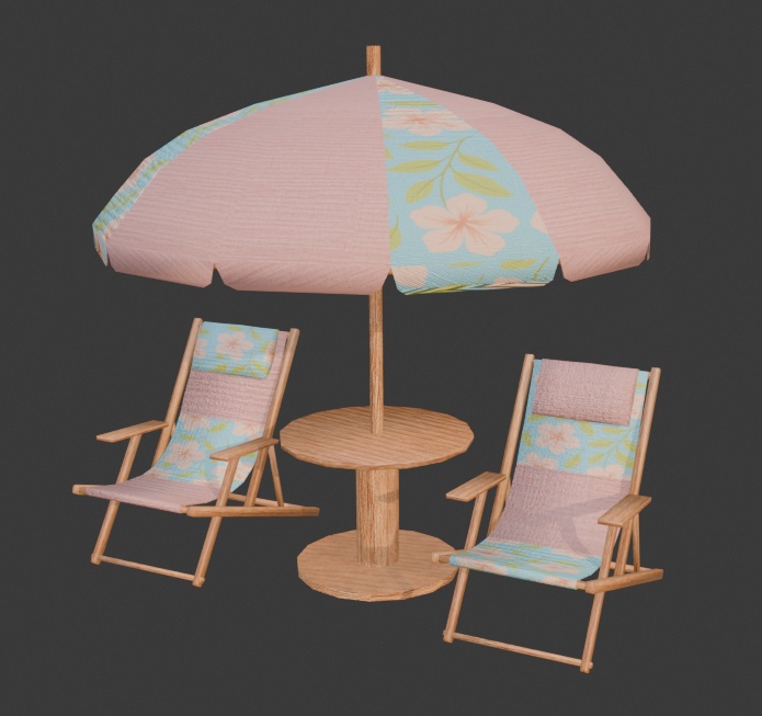 【もりのマリン】パラソル&リゾートチェアセット(4色展開)3Dモデル