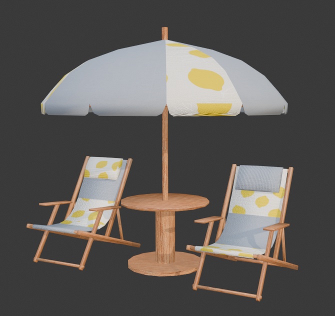 【もりのマリン】パラソル&リゾートチェアセット(4色展開)3Dモデル