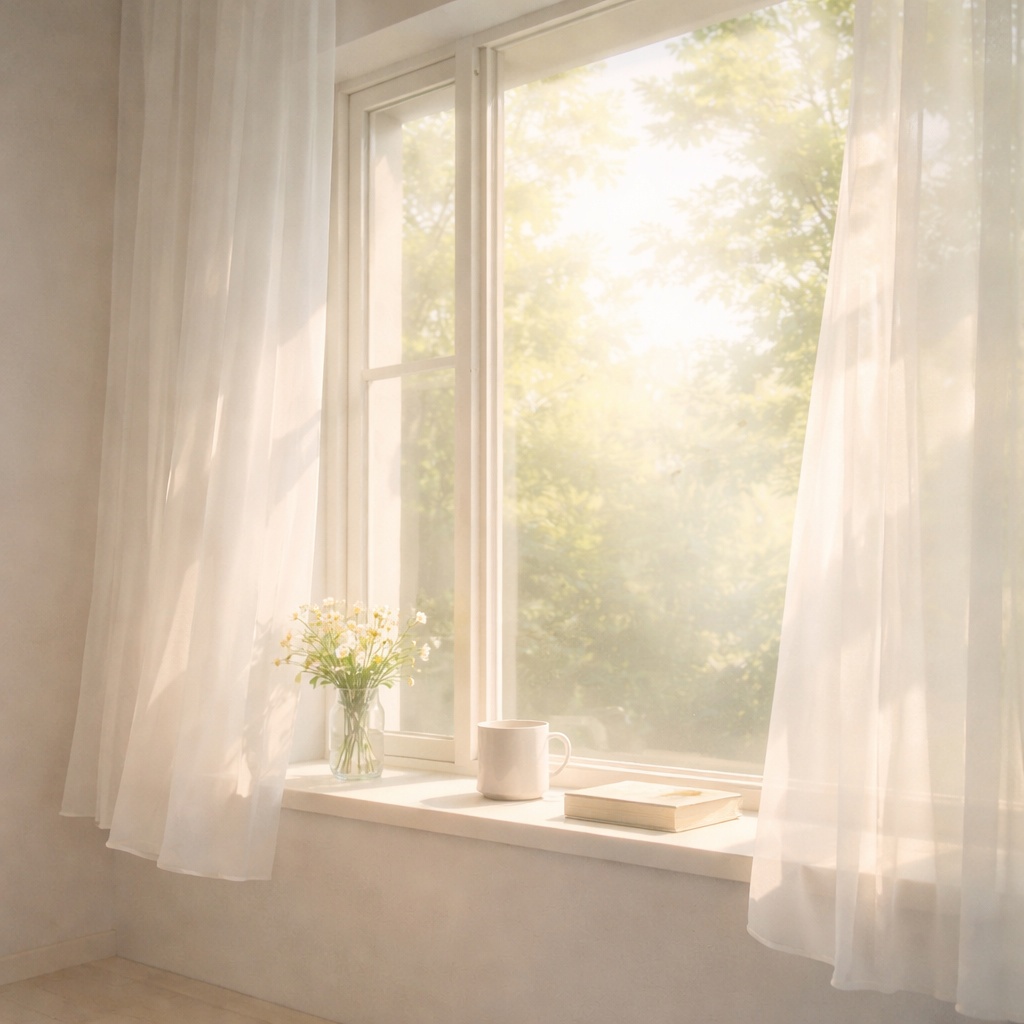 静かな朝の窓辺｜AIイラスト素材（1枚）