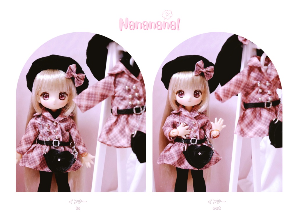 👚【 ピコニーモP & オビツ11 】ドール服 / ピンクブラック ベルトワンピースセット