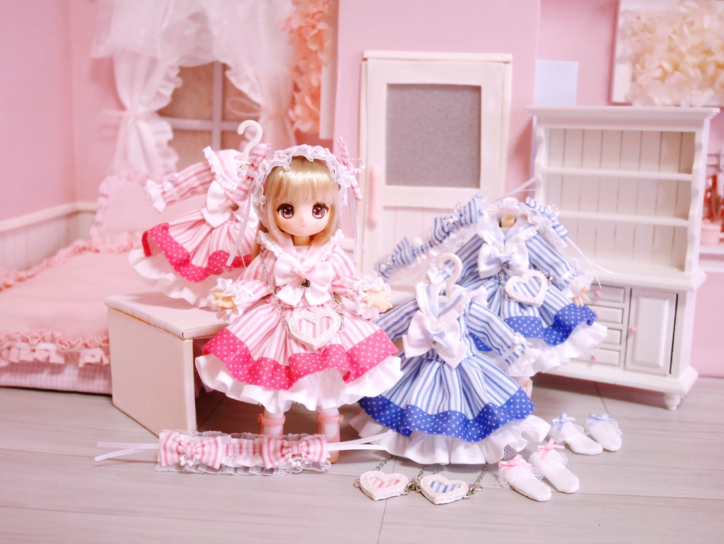 👚【 ピコニーモP & オビツ11 】ドール服 / ストライプリボンドレス