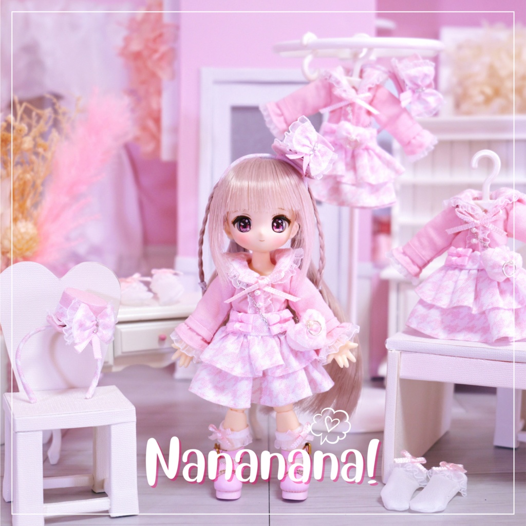 👚【 ピコニーモP & オビツ11 】ドール服 / 千鳥格子 ピンク コーディネートセット1