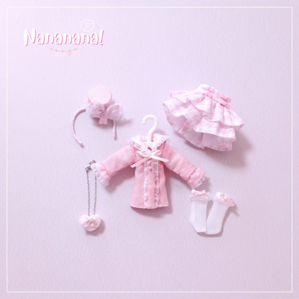 👚【 ピコニーモP & オビツ11 】ドール服 / 千鳥格子 ピンク コーディネートセット1