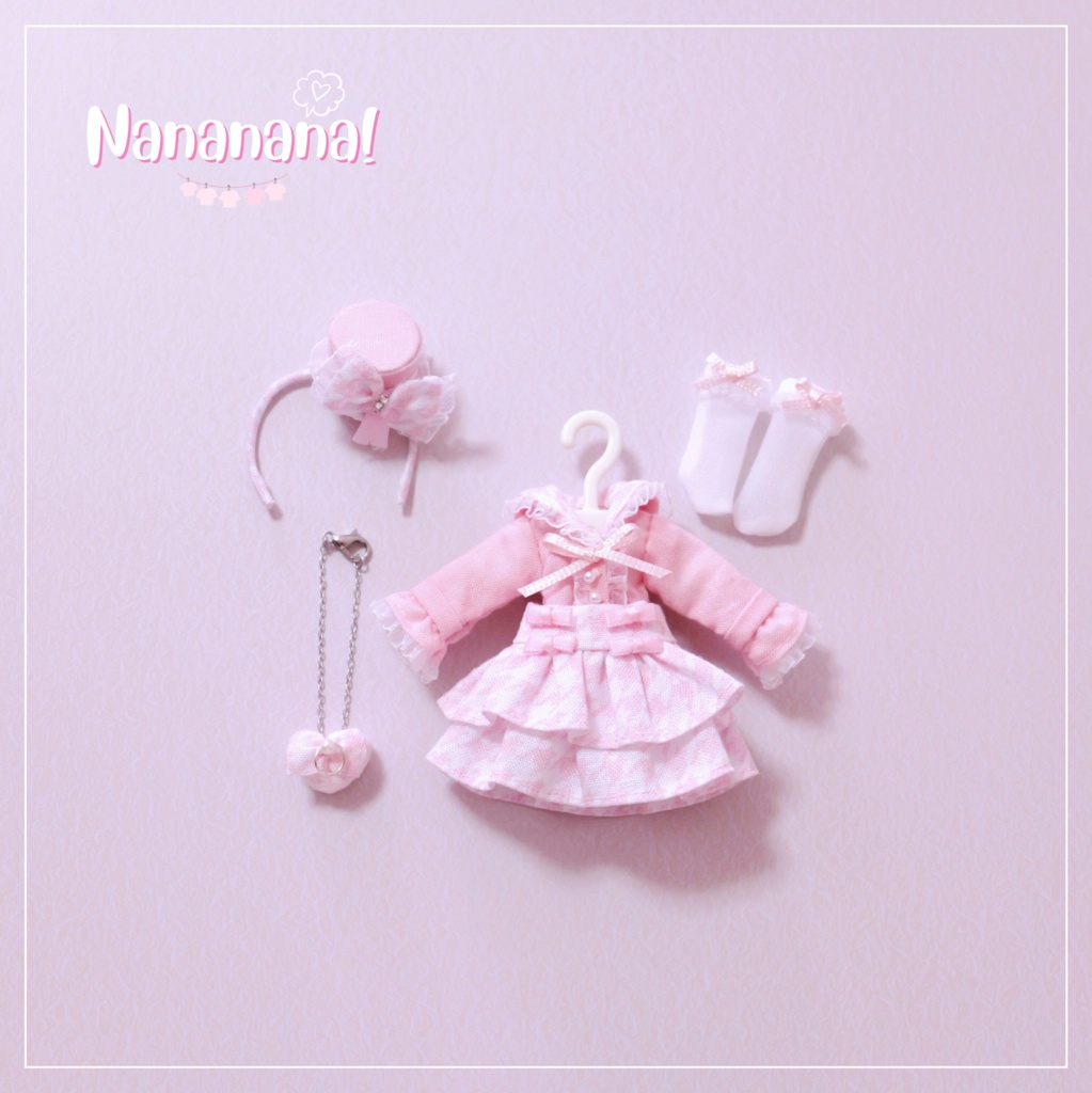 👚【 ピコニーモP & オビツ11 】ドール服 / 千鳥格子 ピンク コーディネートセット1