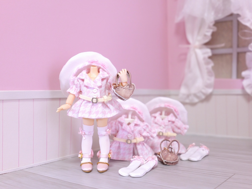👚【 ピコニーモP & オビツ11 】ドール服 / 千鳥格子 ピンク コーディネートセット2