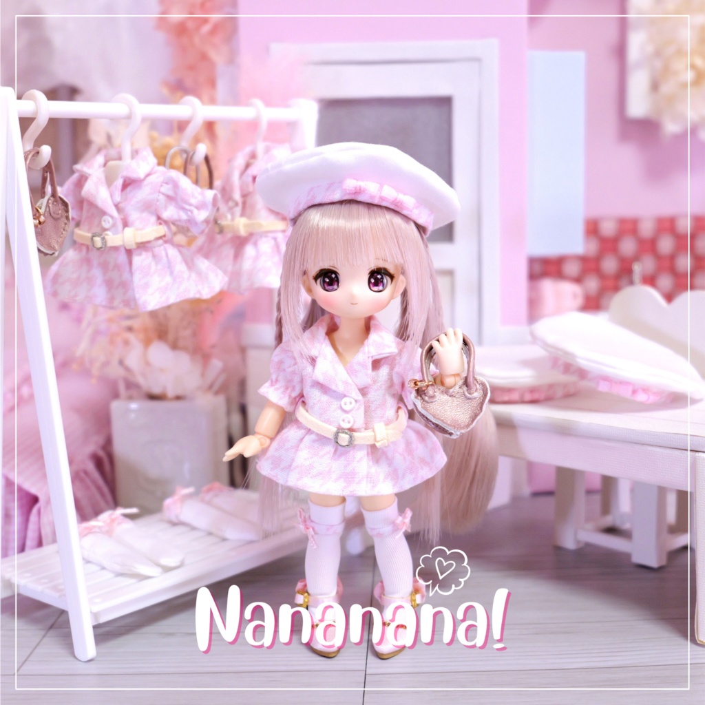 👚【 ピコニーモP & オビツ11 】ドール服 / 千鳥格子 ピンク コーディネートセット2