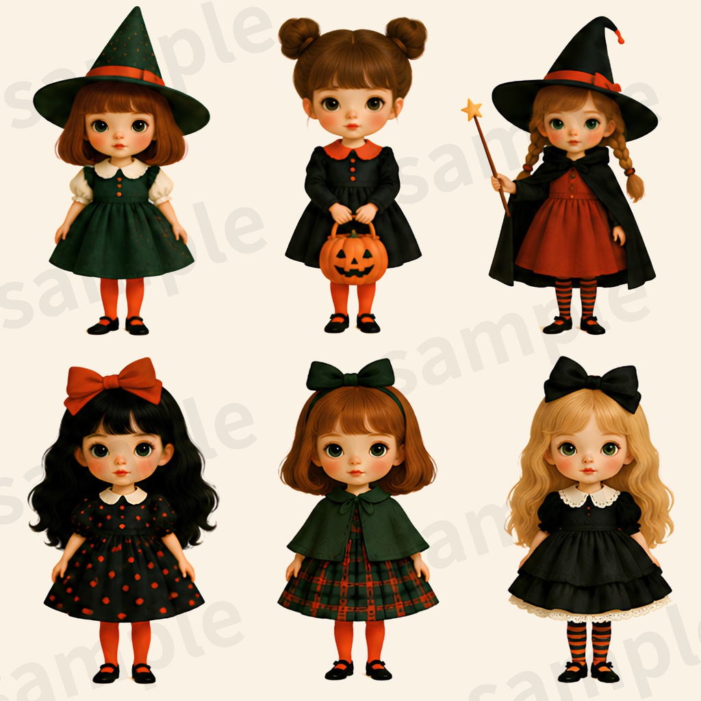 【商用利用可】ハロウィン 魔女っ子ドールのクリップアート 25種セット(背景透過PNG)