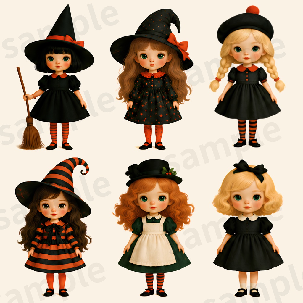 【商用利用可】ハロウィン 魔女っ子ドールのクリップアート 25種セット(背景透過PNG)