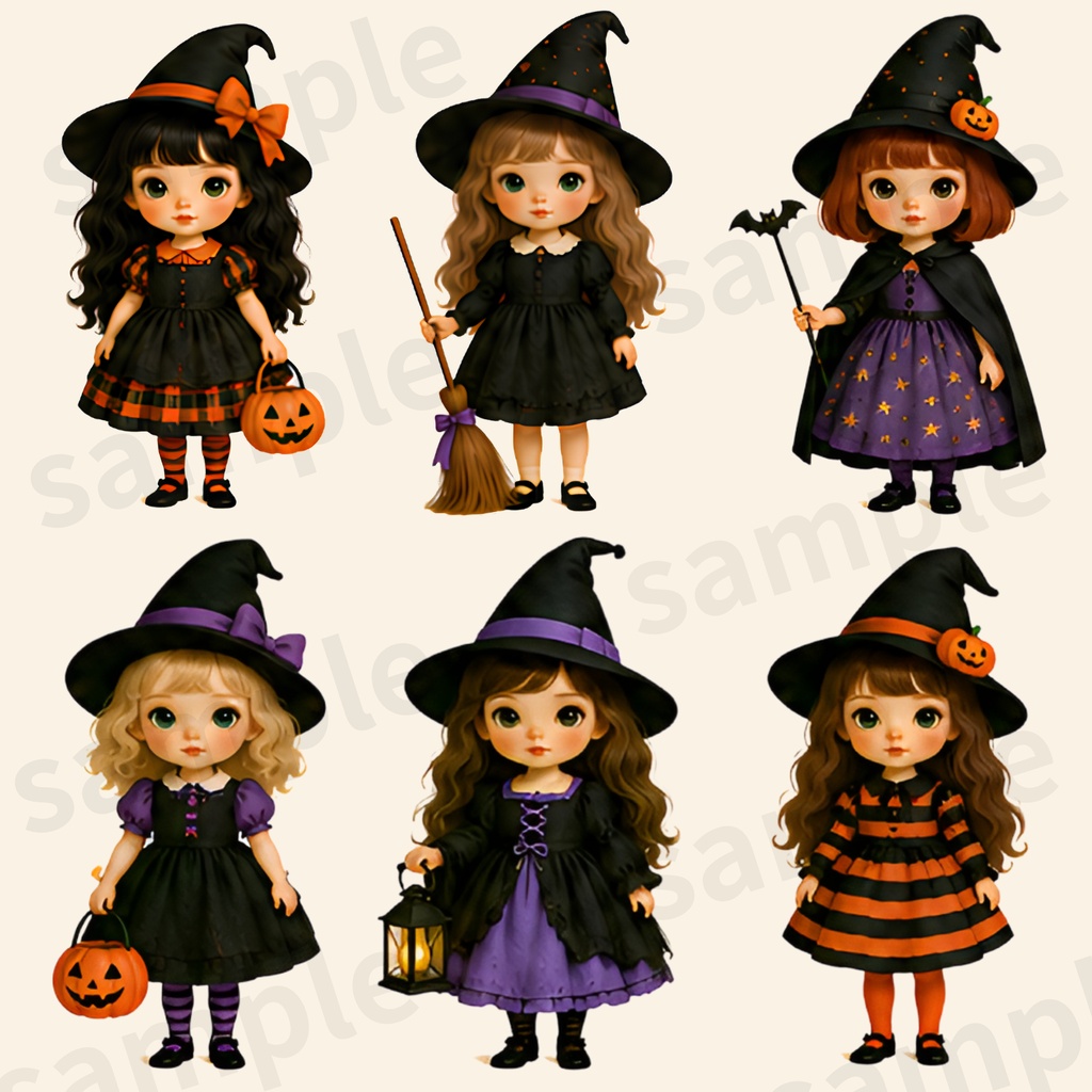 【商用利用可】ハロウィン 魔女っ子ドールのクリップアート 25種セット(背景透過PNG)
