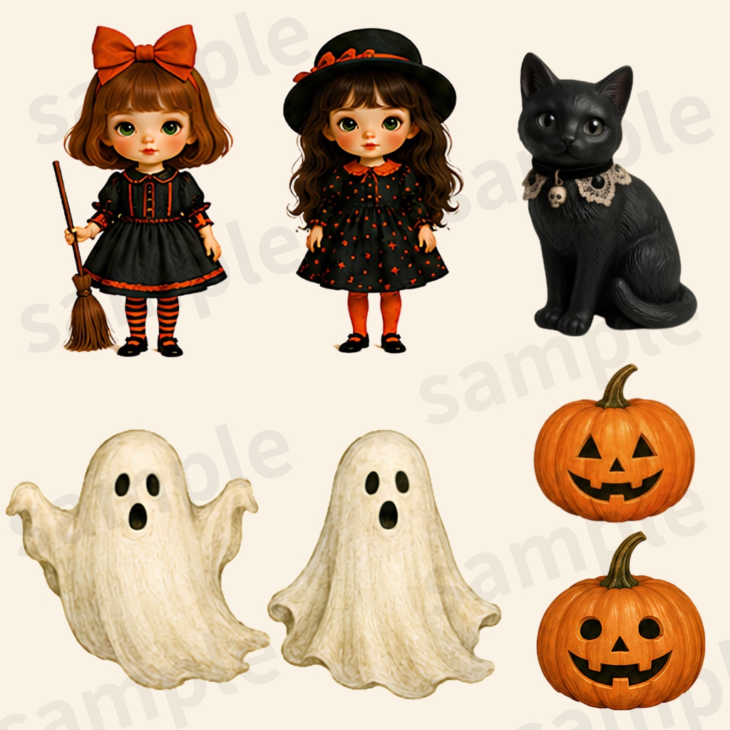 【商用利用可】ハロウィン 魔女っ子ドールのクリップアート 25種セット(背景透過PNG)
