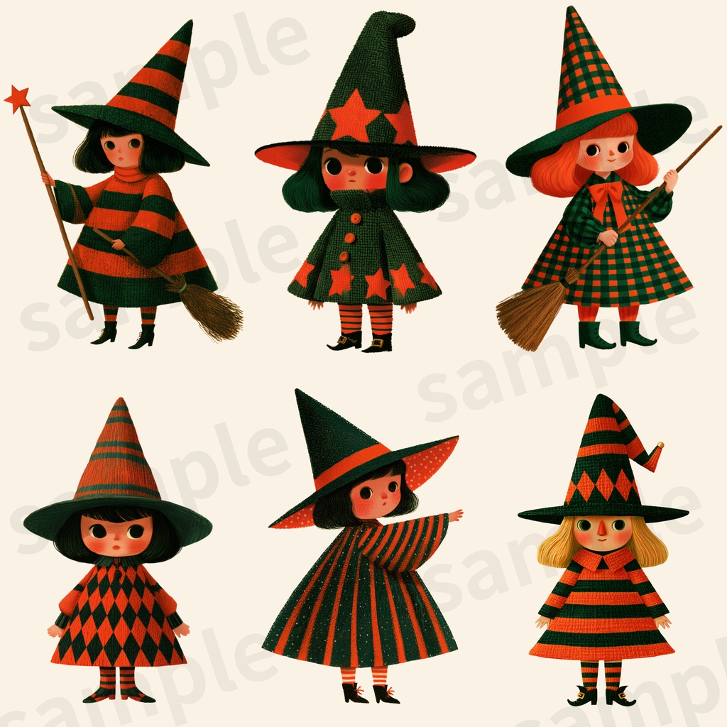 【商用利用可】ポップなハロウィン 魔女っ子とおばけのクリップアート 30種セット(背景透過PNG)