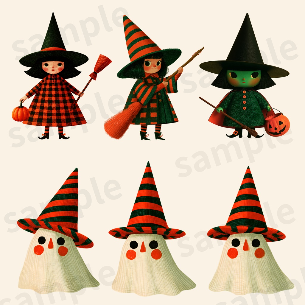 【商用利用可】ポップなハロウィン 魔女っ子とおばけのクリップアート 30種セット(背景透過PNG)