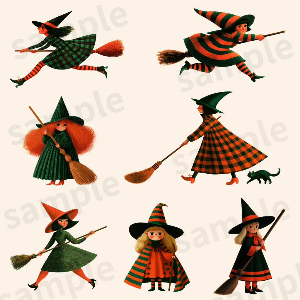 【商用利用可】空飛ぶ魔女っ子とハロウィンモチーフ クリップアート 30種セット(背景透過PNG)