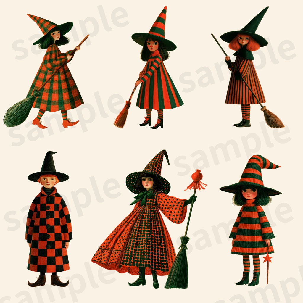 【商用利用可】空飛ぶ魔女っ子とハロウィンモチーフ クリップアート 30種セット(背景透過PNG)