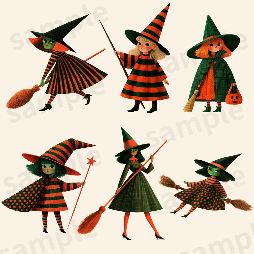 【商用利用可】空飛ぶ魔女っ子とハロウィンモチーフ クリップアート 30種セット(背景透過PNG)