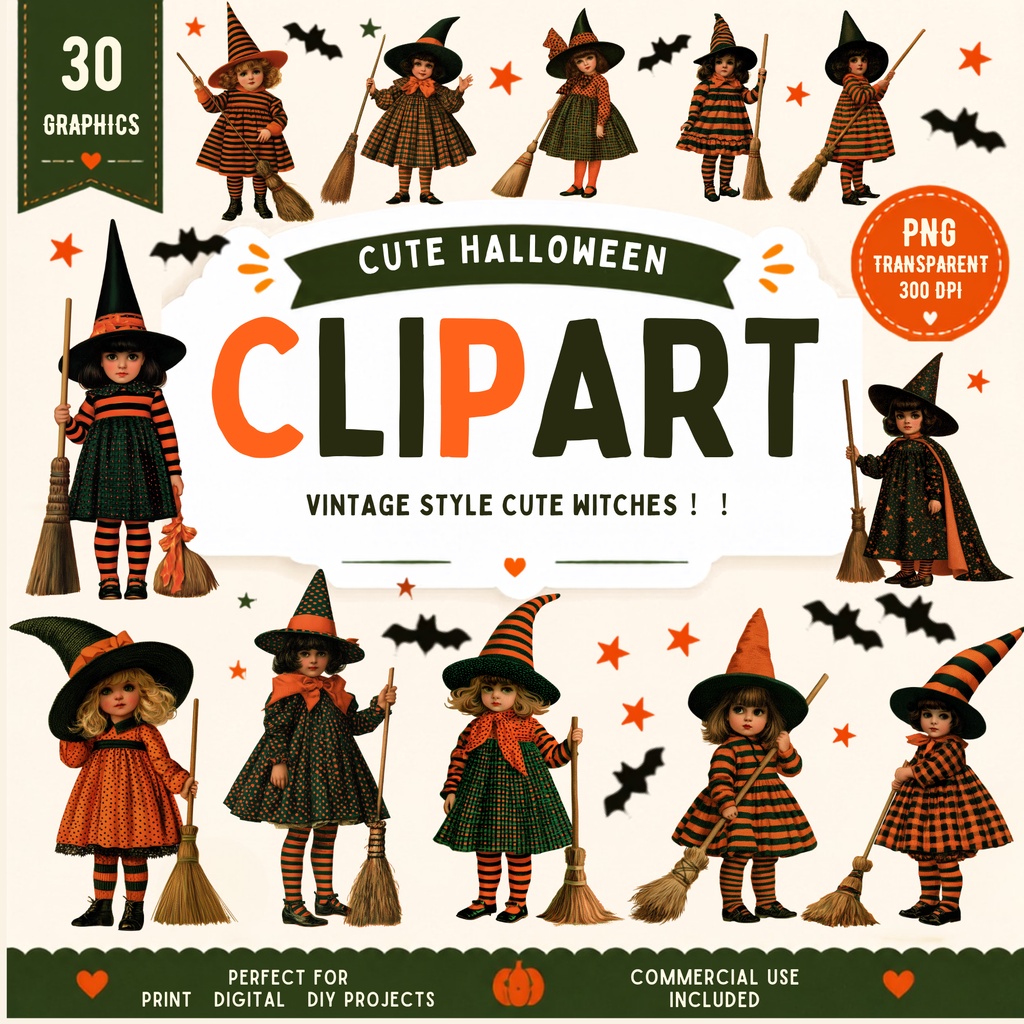 【商用利用可】ヴィンテージ風レトロ魔女っ子ハロウィン クリップアート 30種セット（背景透過PNG）