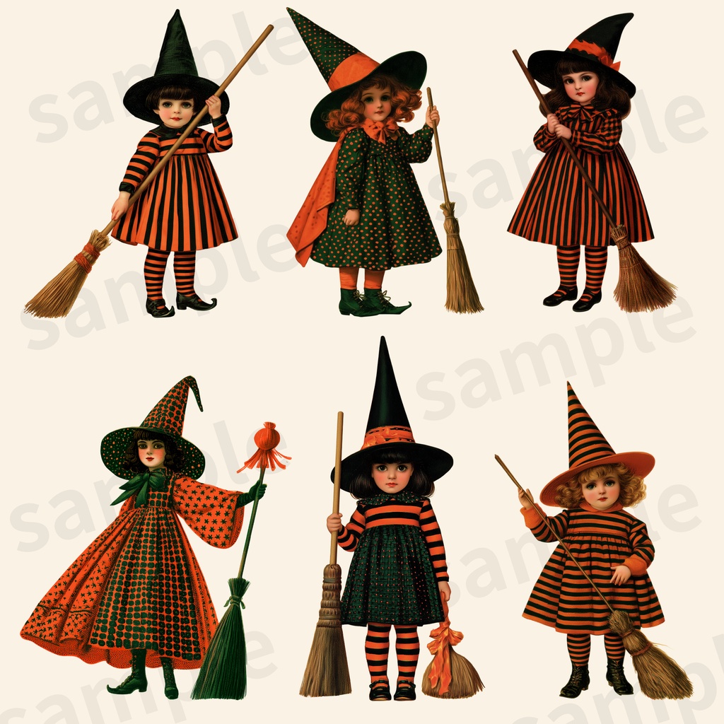【商用利用可】ヴィンテージ風レトロ魔女っ子ハロウィン クリップアート 30種セット(背景透過PNG)