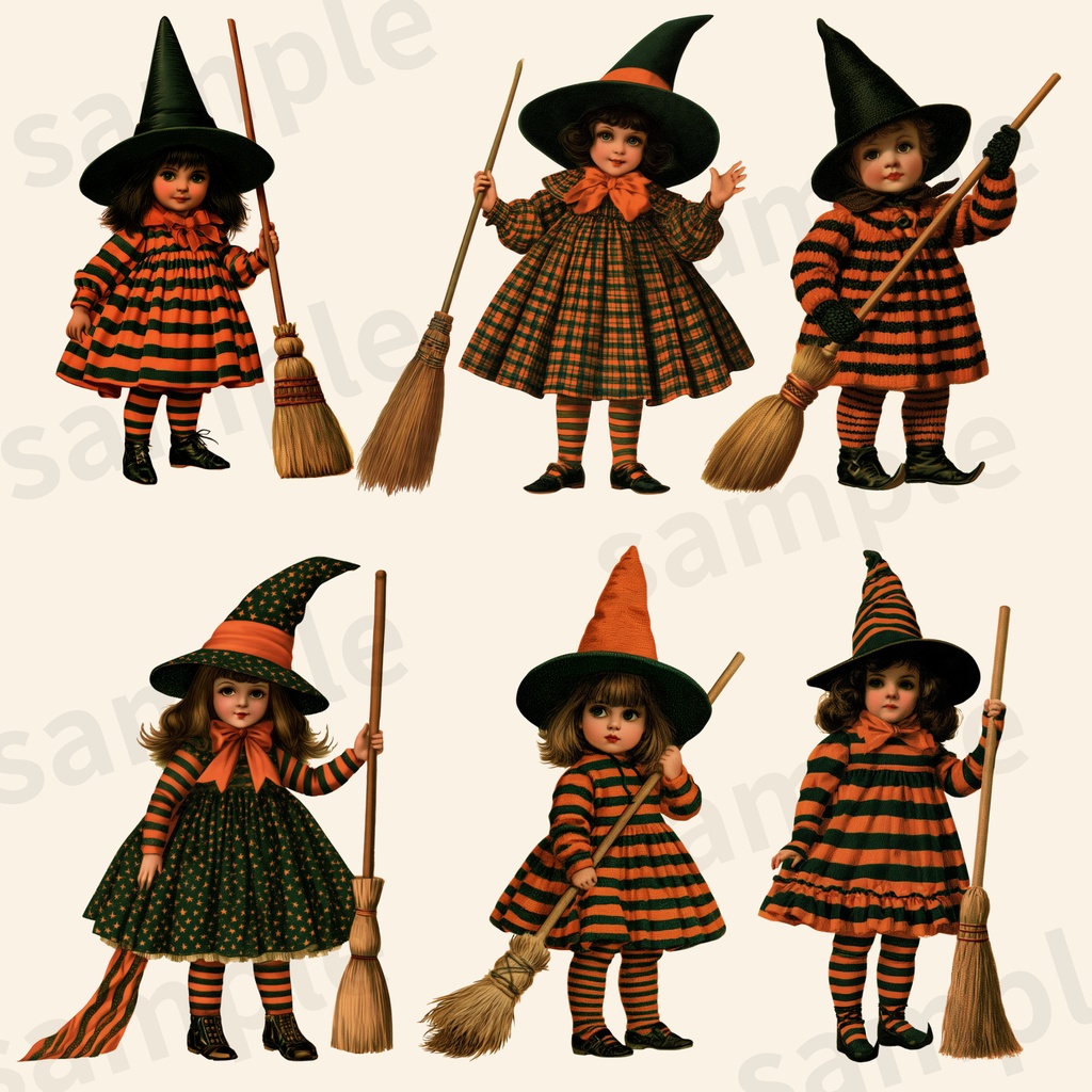 【商用利用可】ヴィンテージ風レトロ魔女っ子ハロウィン クリップアート 30種セット(背景透過PNG)