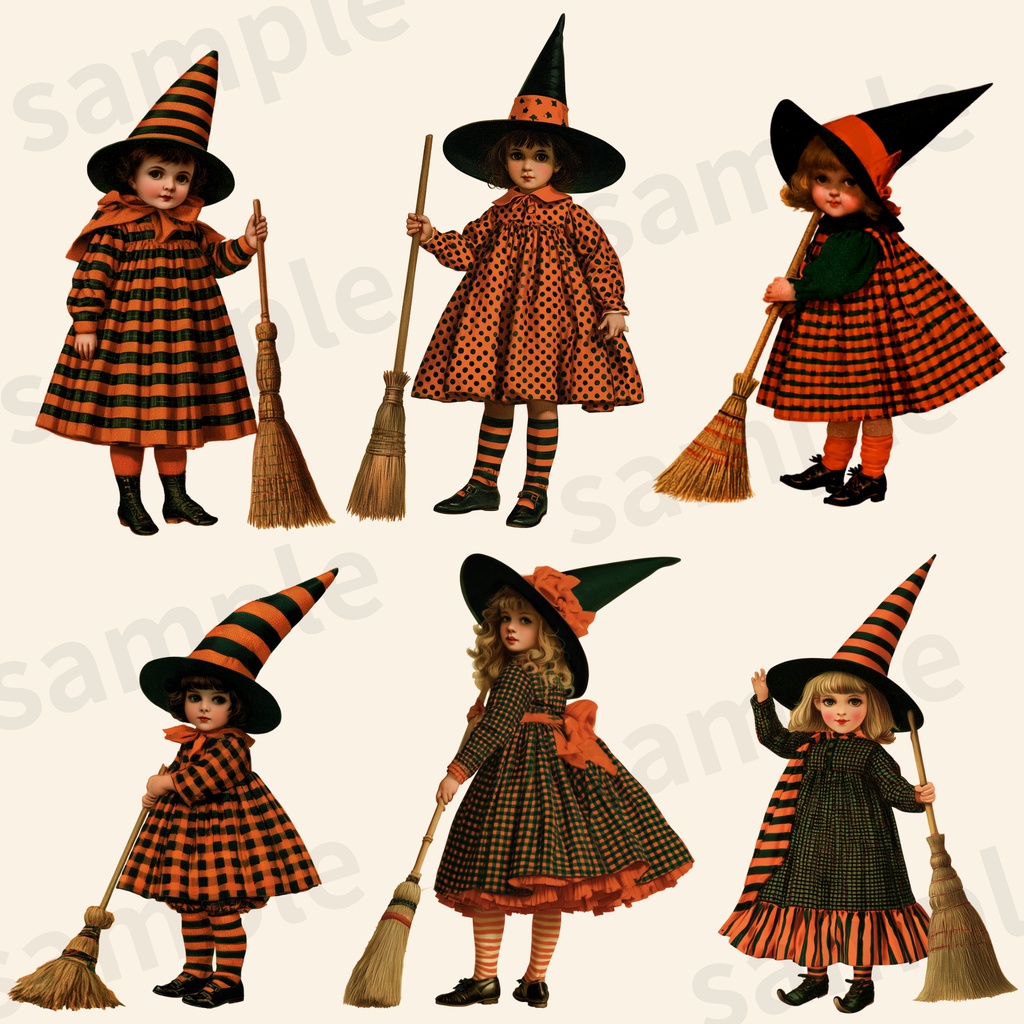 【商用利用可】ヴィンテージ風レトロ魔女っ子ハロウィン クリップアート 30種セット(背景透過PNG)