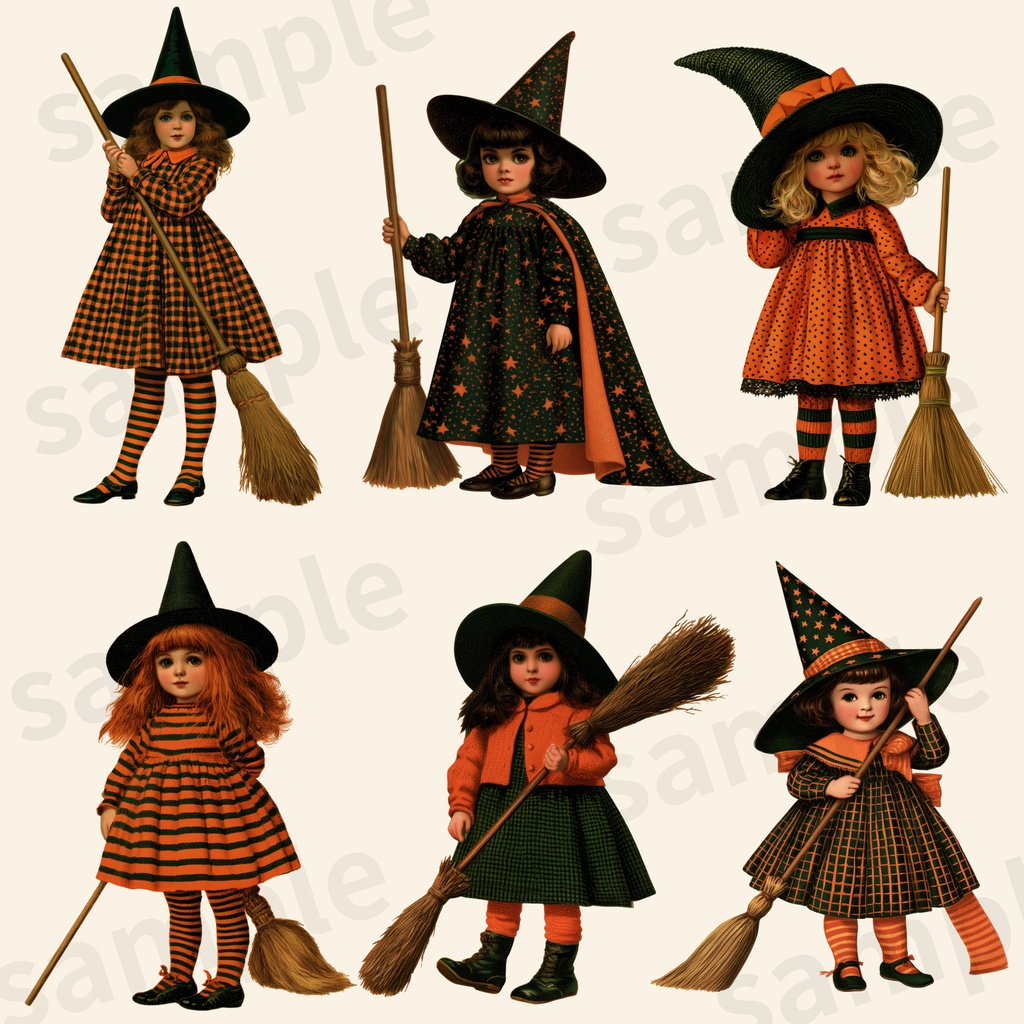 【商用利用可】ヴィンテージ風レトロ魔女っ子ハロウィン クリップアート 30種セット(背景透過PNG)