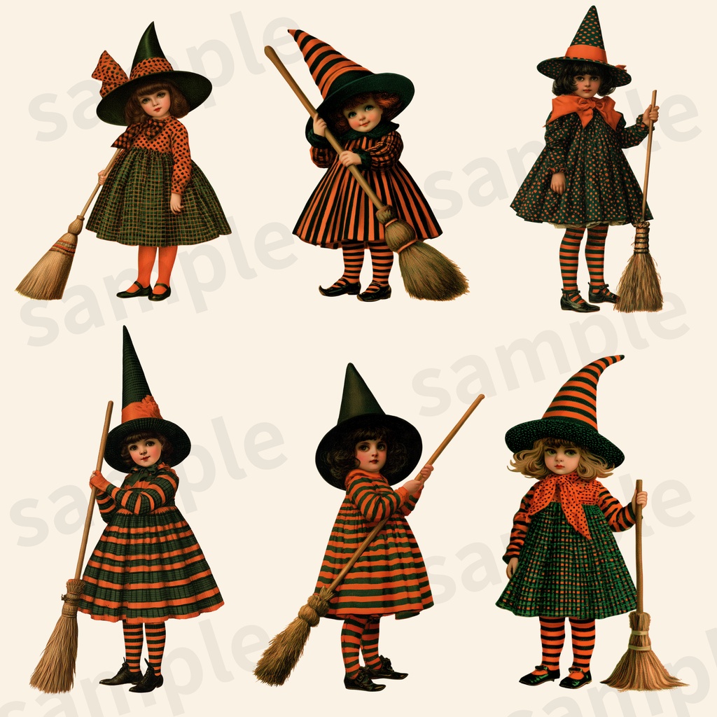 【商用利用可】ヴィンテージ風レトロ魔女っ子ハロウィン クリップアート 30種セット(背景透過PNG)