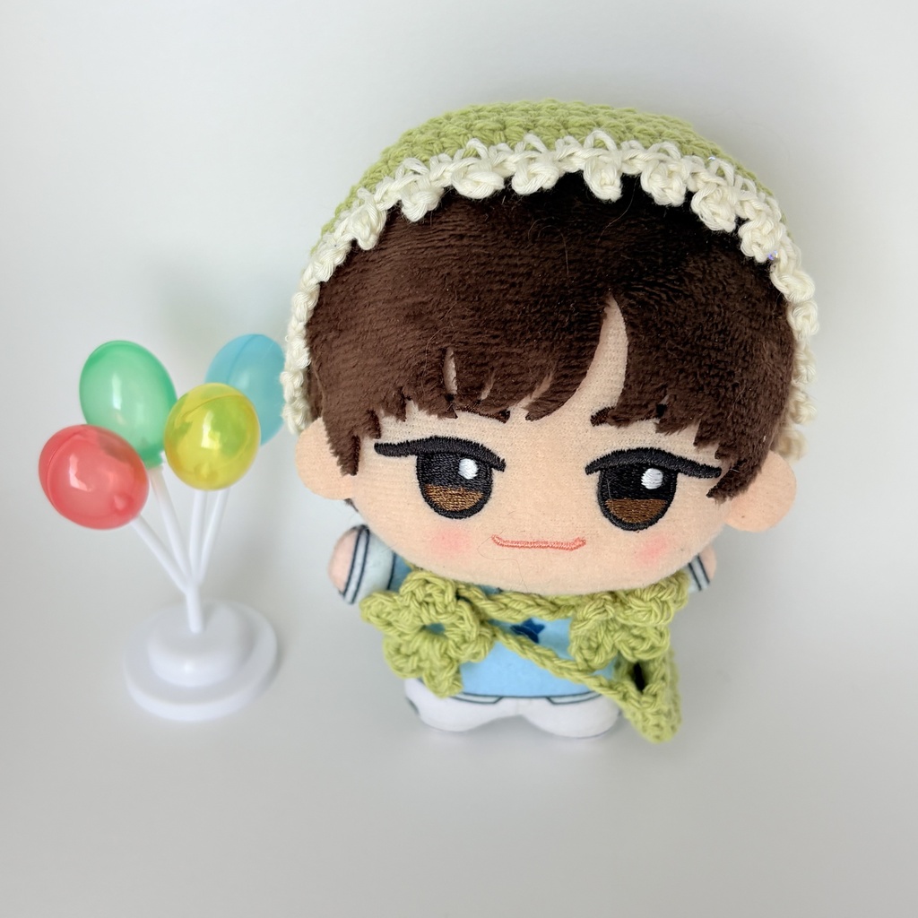 【ハンドメイド】10〜12cmぬい用 お花結びのボンネット&お揃いポシェット 2点セット(若草色)