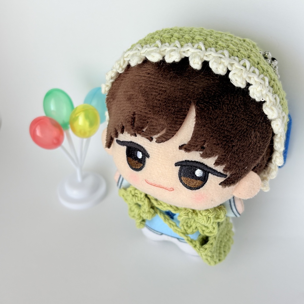 【ハンドメイド】10〜12cmぬい用 お花結びのボンネット&お揃いポシェット 2点セット(若草色)