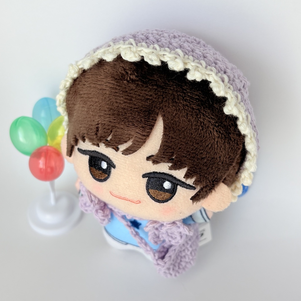 【ハンドメイド】10〜12cmぬい用 お花結びのボンネット＆お揃いポシェット 2点セット（ラベンダー）