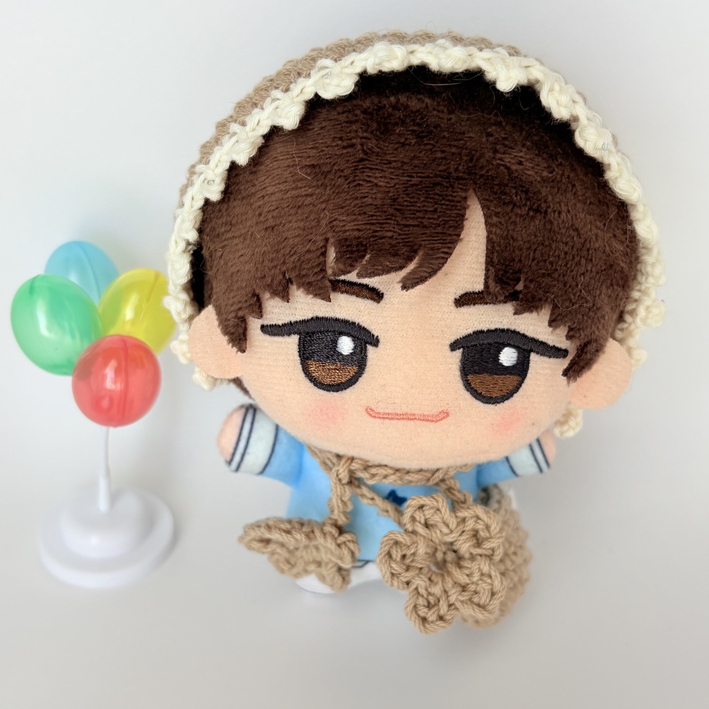 【ハンドメイド】10〜12cmぬい用 お花結びのボンネット&お揃いポシェット 2点セット(ブラウン)