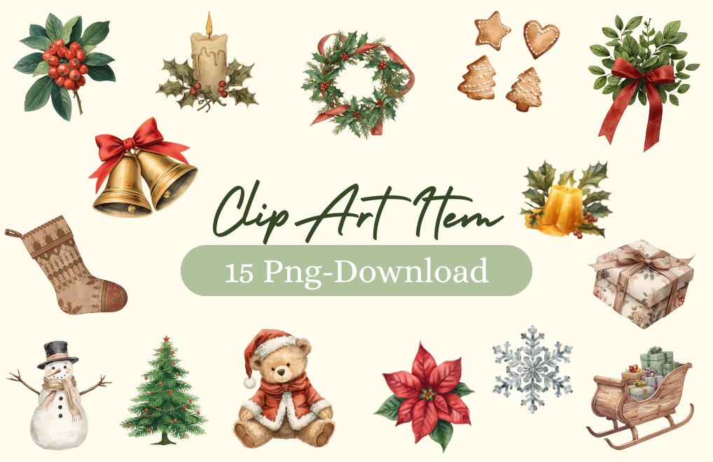 【クリスマスシリーズ】水彩アンティーク風クリップアート15点セット｜PNG形式背景透過