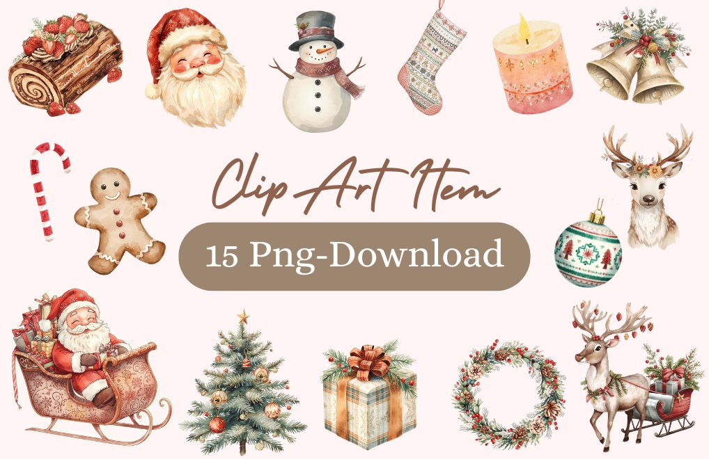 「クリスマスシリーズ②」水彩アンティーク風クリップアート素材15点セット｜PNG形式背景透過