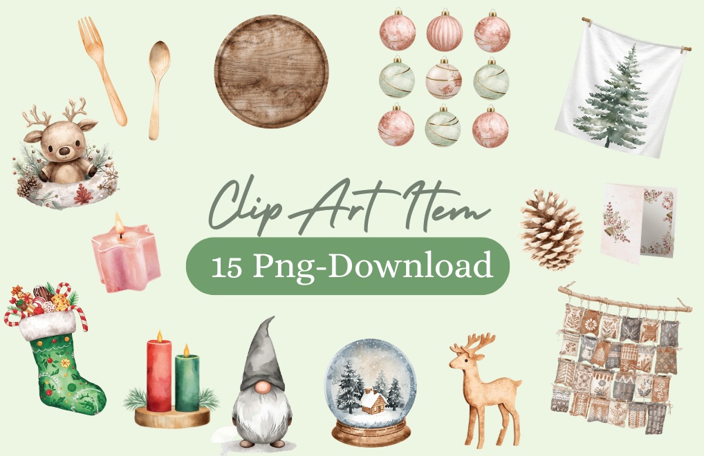 「クリスマスシリーズ③」水彩アンティーク風クリップアート素材15点セット｜PNG形式背景透過