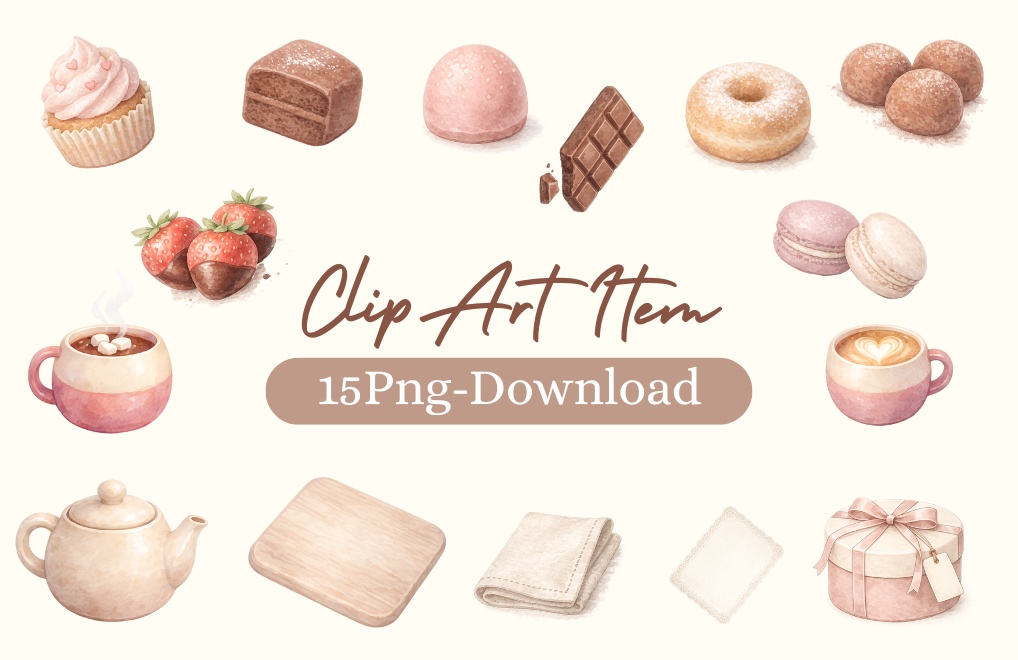 「バレンタインシリーズ」水彩アンティーク風クリップアート素材15点セット｜PNG形式背景透過