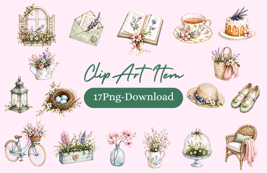 【 季節春 Spring 】水彩アンティーク風クリップアート素材17点セット｜PNG形式背景透過