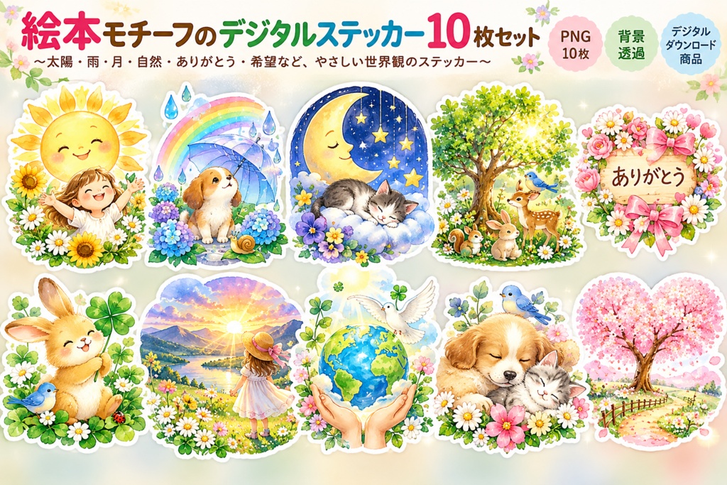 絵本モチーフのデジタルステッカー10枚セット|太陽・雨・月・自然・ありがとう・希望|PNG背景透過