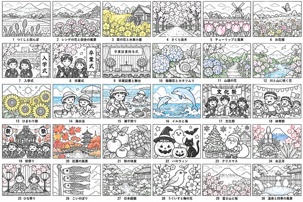 季節を楽しむやさしい塗り絵３０枚春夏秋冬・行事・風景PNGダウンロード