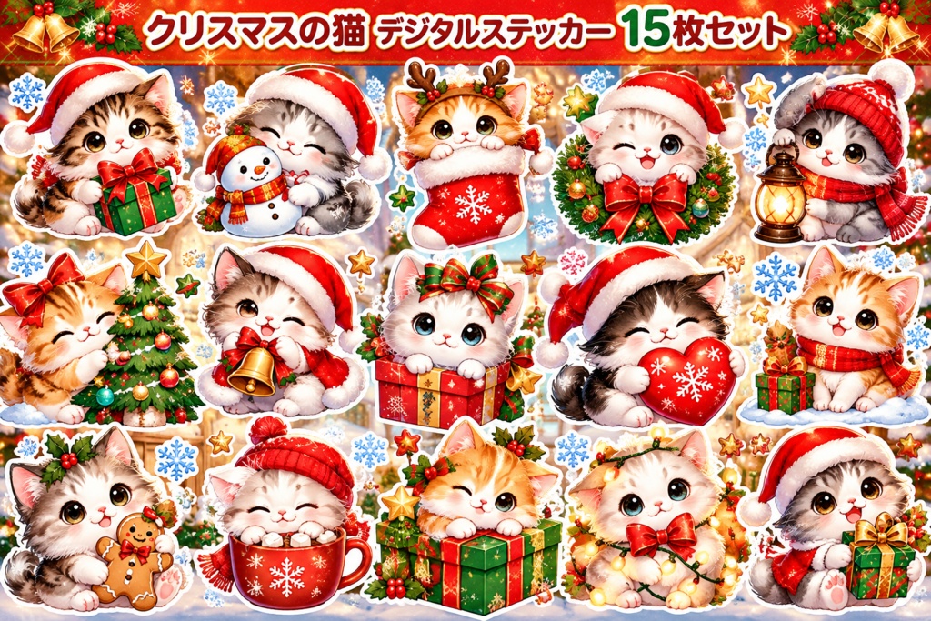 クリスマスの猫 デジタルステッカー15枚セット｜PNG・手帳デコ・コラージュ