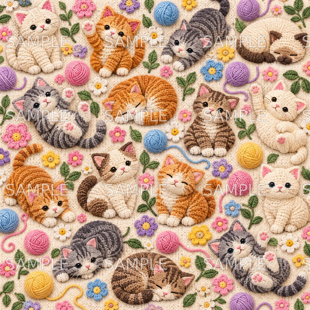 毛糸の猫とお花の包装紙｜デジタルペーパー1枚