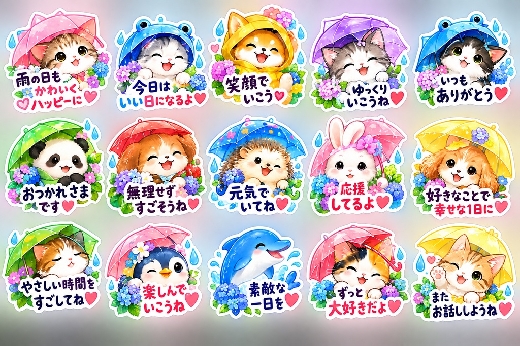 雨の日もかわいくハッピー｜傘と動物の癒しステッカー15枚セット・文字入りPNG素材