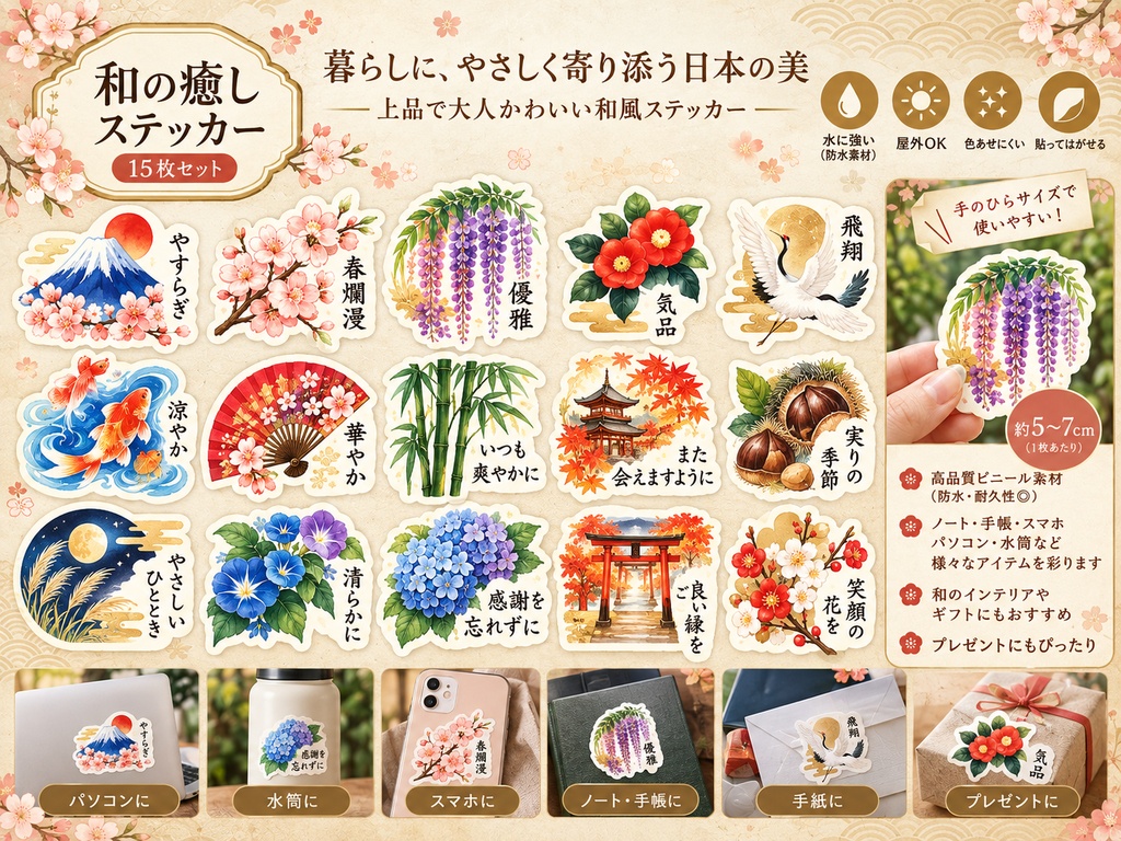 和風ステッカーコレクション15枚セット｜日本の美・縁起物・癒しの言葉入りPNG素材
