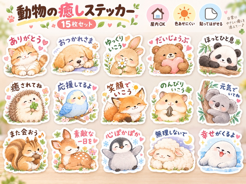 動物の癒しステッカー15枚セット|かわいい動物・ほっこりイラスト・デジタル素材 商品名をコピー