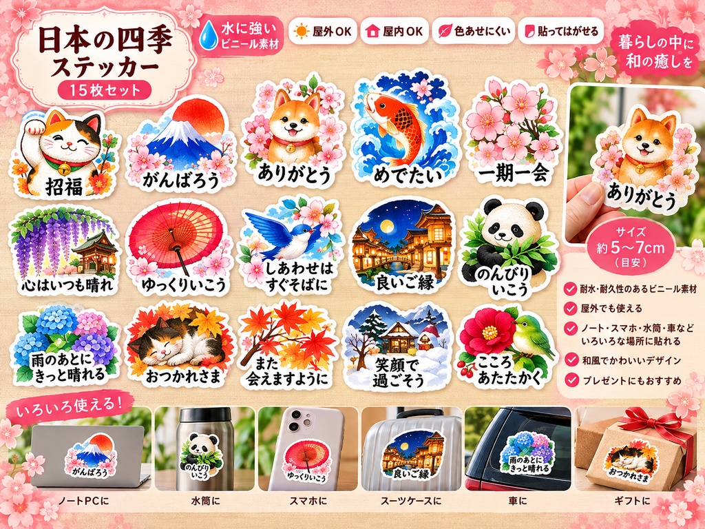 日本の四季ステッカー15枚セット｜桜・紅葉・雪景色・季節のかわいいイラスト