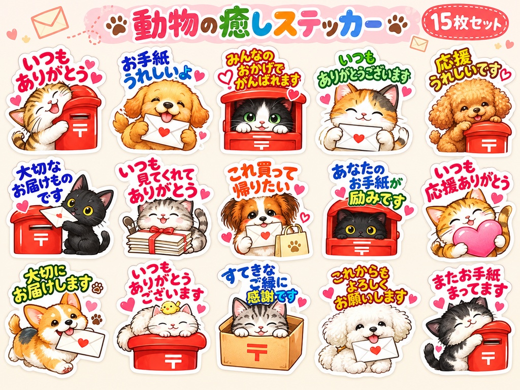 動物の癒しステッカー15枚セット｜かわいい動物と心温まるメッセージ