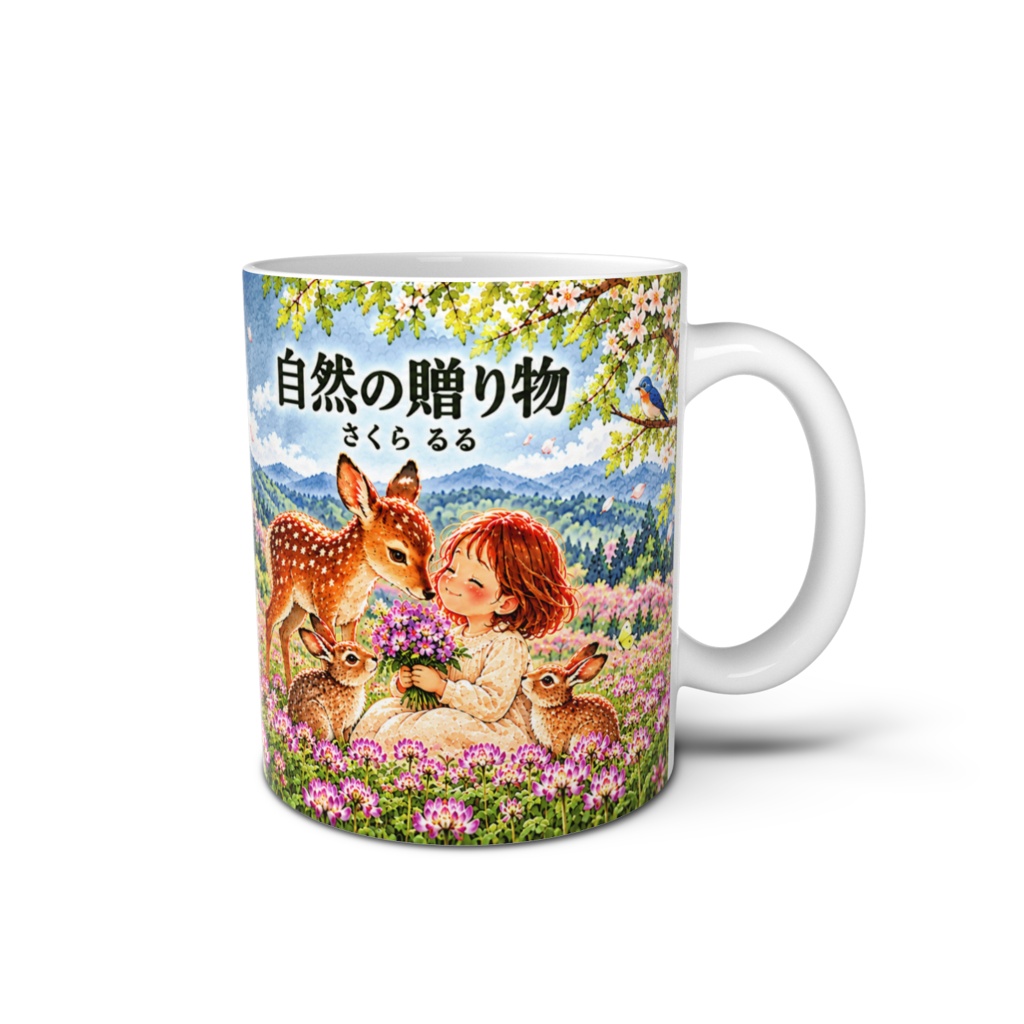 自然の贈り物|さくら るる|レンゲ畑と動物たちのマグカップ