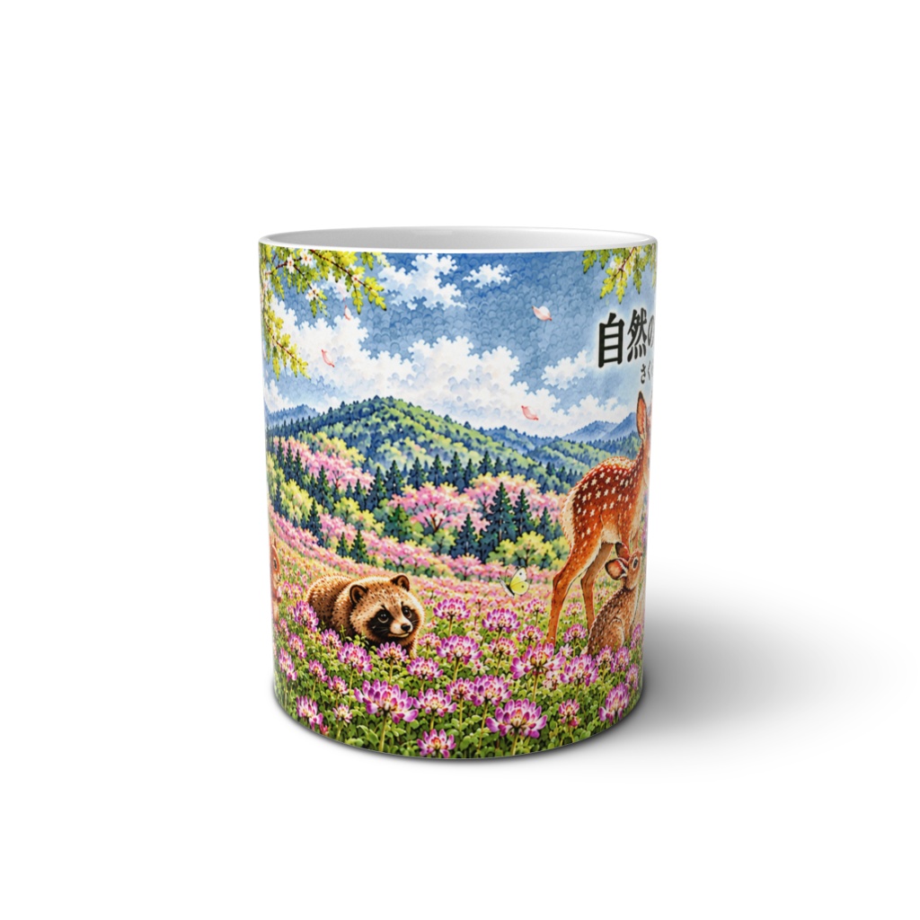 自然の贈り物|さくら るる|レンゲ畑と動物たちのマグカップ