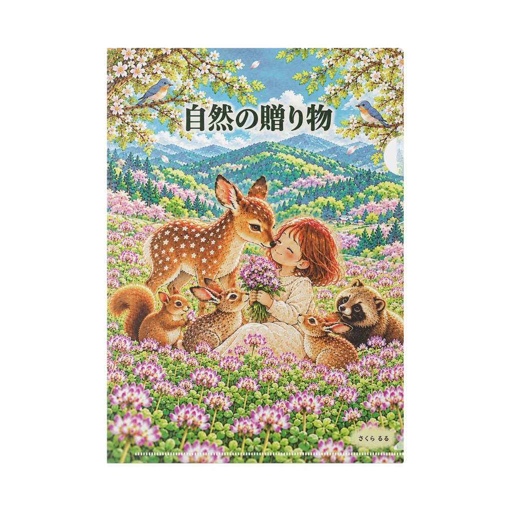 自然の贈り物｜レンゲ畑と動物たちのA4クリアファイル｜さくら るる
