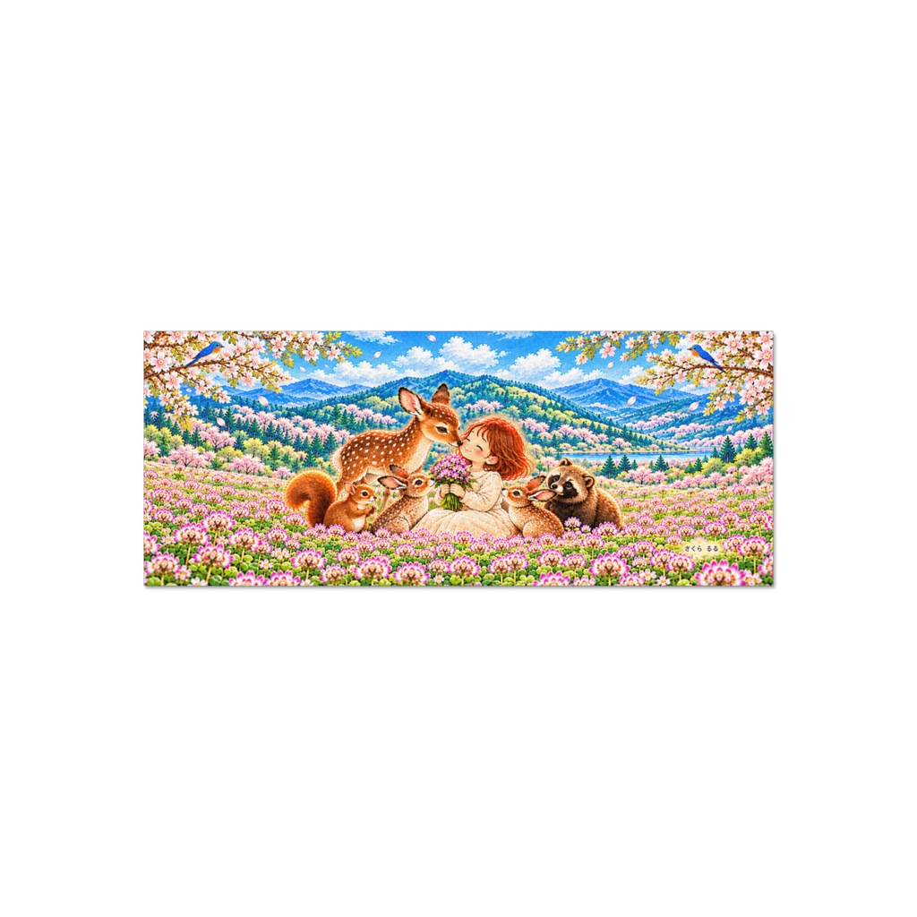 自然の贈り物|レンゲ畑と動物たちのフェイスタオル|さくら るる