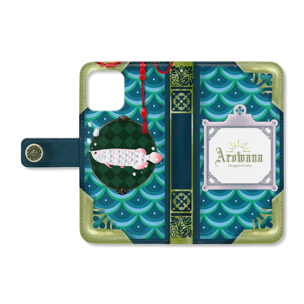 アロワナ柄の洋書風スマホカバー